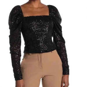 Ramy Brook Hazel Sequin Puff Sleeve Blouse Black Exposed Zipper Size 6 $325